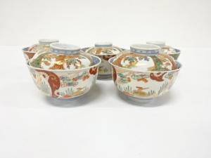 古伊万里　染付色絵　蓋茶碗　5客